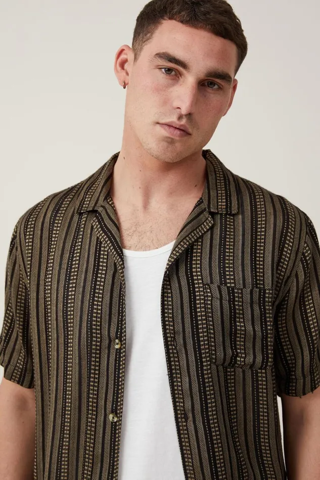 Men Shirts and Polos Cotton On Riviera Short Sleeve Shirt Black Mustard Stripe