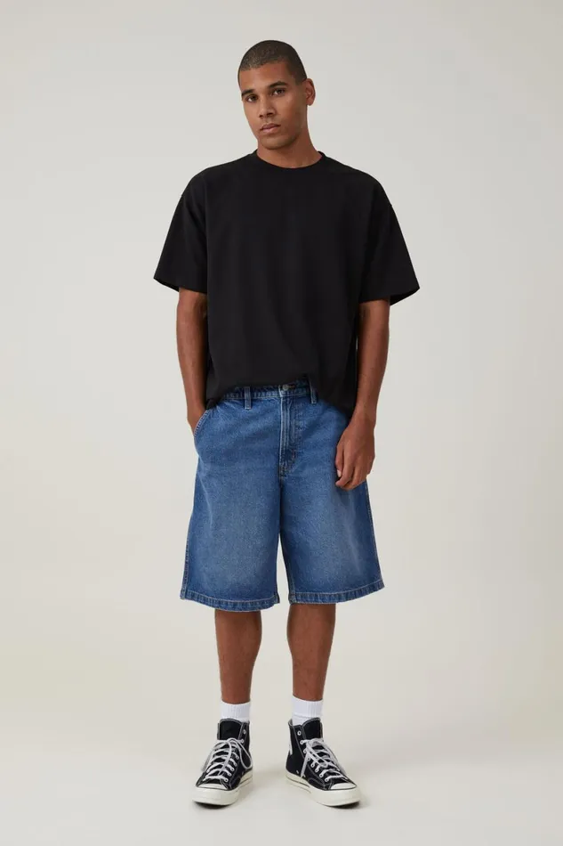 Men Shorts Cotton On Baggy Denim Short Shock Blue Wash
