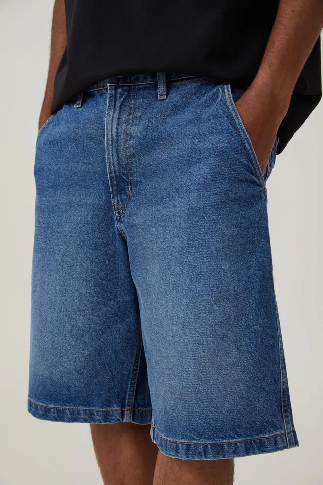 Men Shorts Cotton On Baggy Denim Short Shock Blue Wash