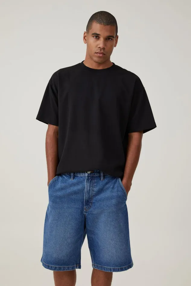 Men Shorts Cotton On Baggy Denim Short Shock Blue Wash