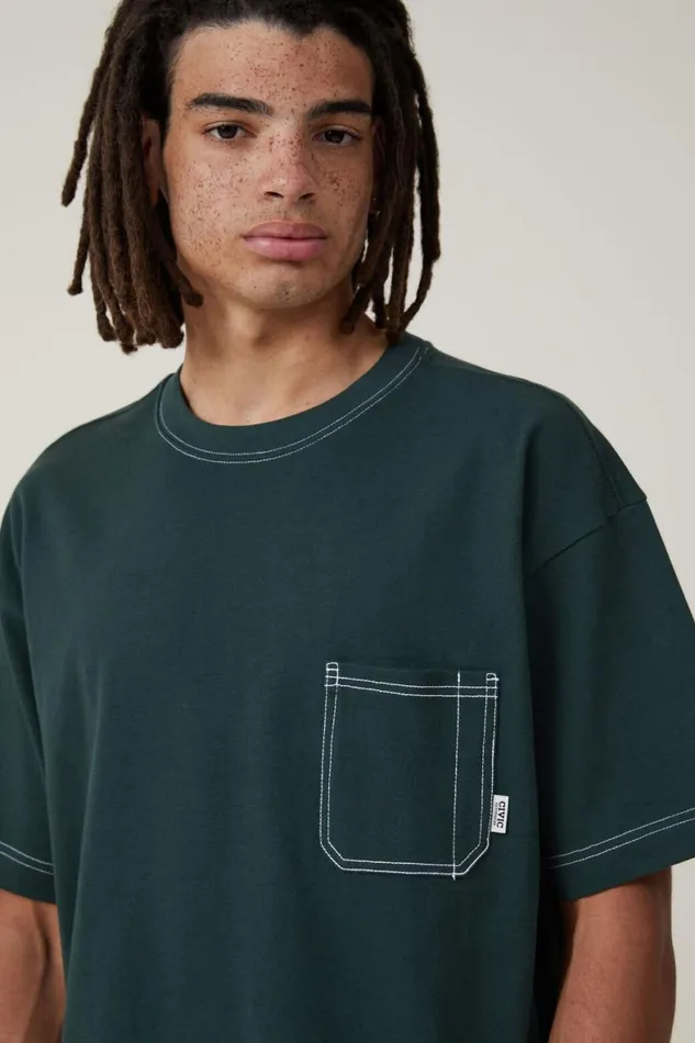 Men Tees and Tanks Cotton On Box Fit Pocket TShirt Pineneedle Green Civic Contrast
