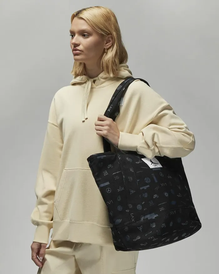 MenWomen Jordan Flight Printed Recycled Cotton Holdall Tote Black Nike Bags And Backpacks