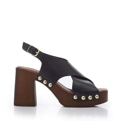 Moana Black Leather Women Moda In Pelle Heeled Sandals