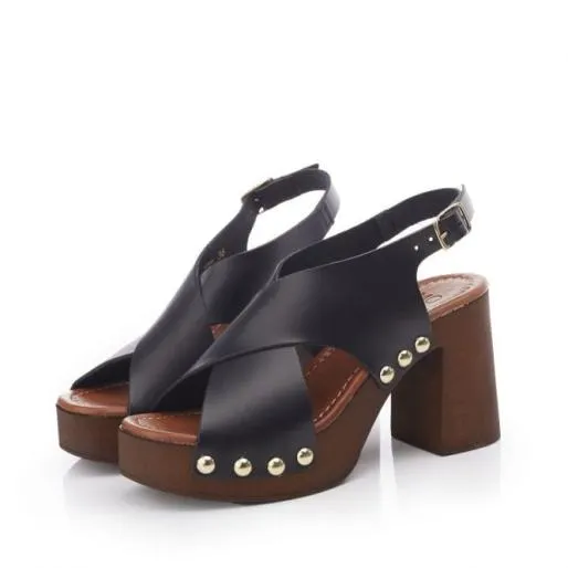 Moana Black Leather Women Moda In Pelle Heeled Sandals