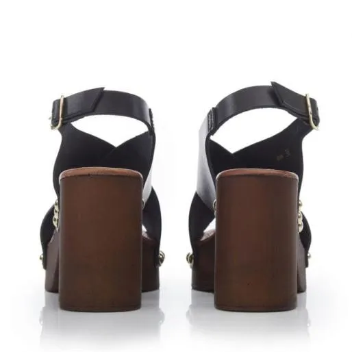 Moana Black Leather Women Moda In Pelle Heeled Sandals