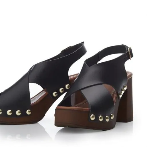 Moana Black Leather Women Moda In Pelle Heeled Sandals