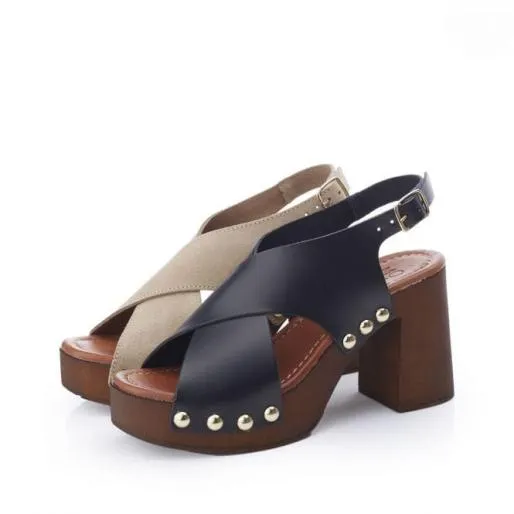 Moana Black Leather Women Moda In Pelle Heeled Sandals