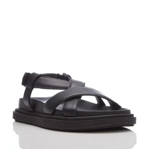 Natilie Black Leather Women Moda In Pelle Wedge Sandals
