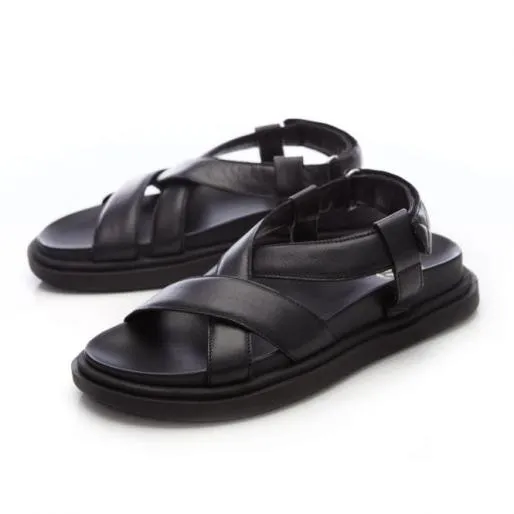 Natilie Black Leather Women Moda In Pelle Wedge Sandals