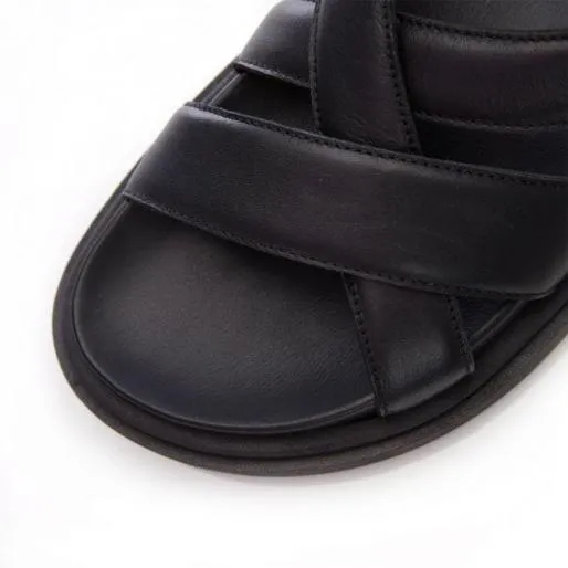 Natilie Black Leather Women Moda In Pelle Wedge Sandals