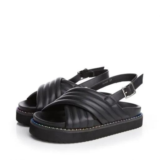 Niam Black Porvair Women Moda In Pelle Flat Sandals Niam Black Porvair Women Moda In Pelle Flat Sandals