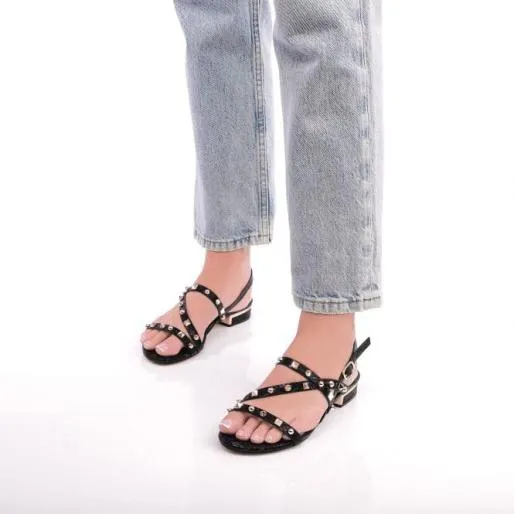 Normanie Black Lizard Women Moda In Pelle Flat Sandals
