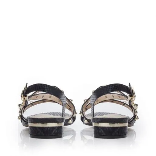 Normanie Black Lizard Women Moda In Pelle Flat Sandals