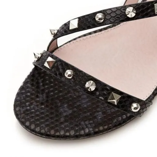 Normanie Black Lizard Women Moda In Pelle Flat Sandals