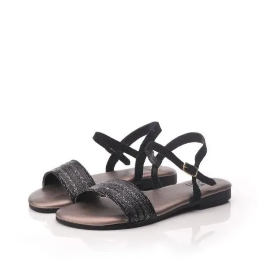 Oake Black Leather Women Moda In Pelle Flat Sandals