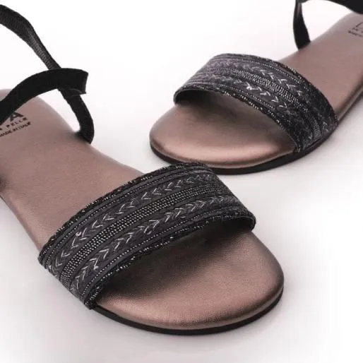 Oake Black Leather Women Moda In Pelle Flat Sandals