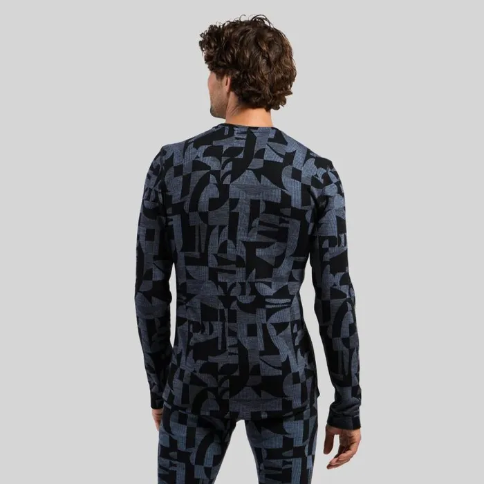 Odlo Base Layers The Natural Merino Warm Jacquard Base Layer Top Provincial Blue 8211 Black 8211 Men