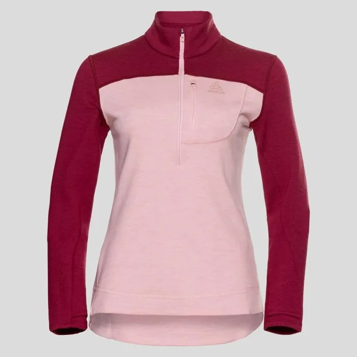 Odlo Mid Layers and Longsleeves The Descent Performance Wool XWarm HalfZip Mid Layer Raspberry Fudge 8211 Boto Dolphin 8211 Women