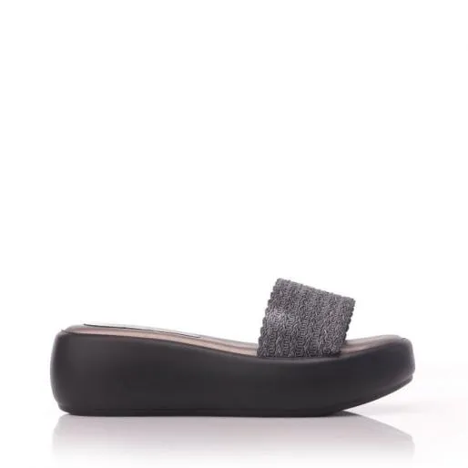 Olen Black Leather Women Moda In Pelle Slider Sandals