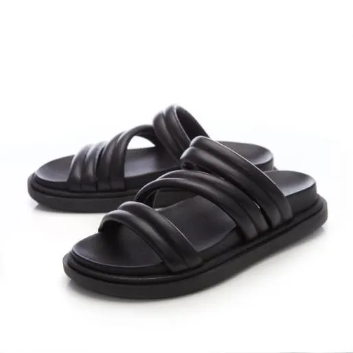 Oletta Black Leather Women Moda In Pelle Flat Sandals