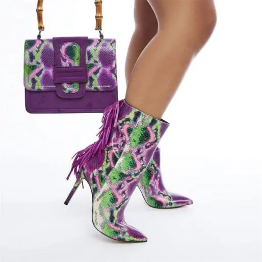 Oliivia Purple Snake Print Leather Women Moda In Pelle Heeled And Wedge Boots