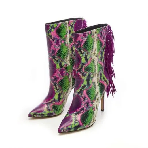 Oliivia Purple Snake Print Leather Women Moda In Pelle Heeled And Wedge Boots