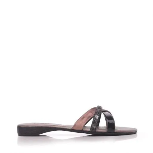 Olla Black Pewter Leather Women Moda In Pelle Flat Sandals