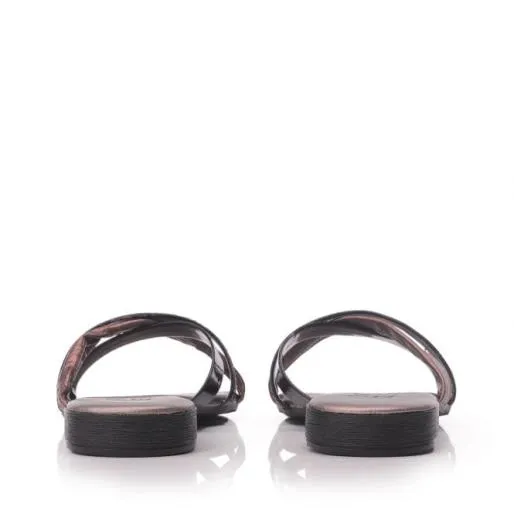 Olla Black Pewter Leather Women Moda In Pelle Flat Sandals Olla Black Pewter Leather Women Moda In Pelle Flat Sandals