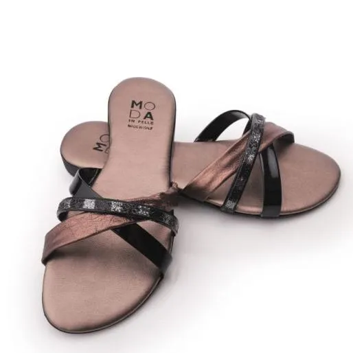 Olla Black Pewter Leather Women Moda In Pelle Flat Sandals Olla Black Pewter Leather Women Moda In Pelle Flat Sandals
