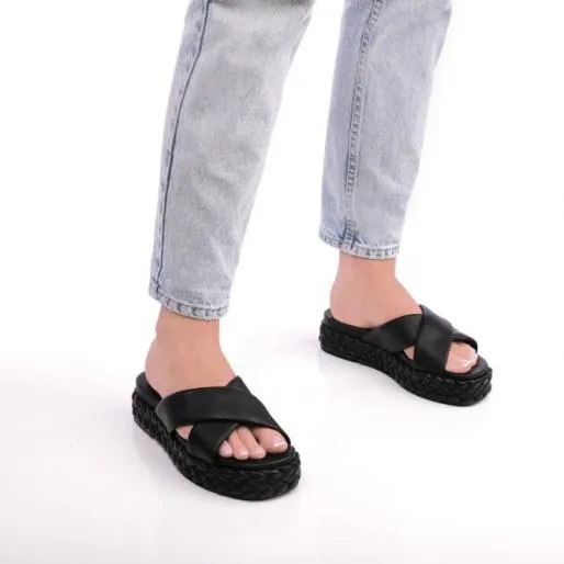 Oriole Black Leather Women Moda In Pelle Slider Sandals Oriole Black Leather Women Moda In Pelle Slider Sandals