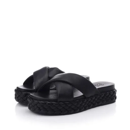 Oriole Black Leather Women Moda In Pelle Slider Sandals Oriole Black Leather Women Moda In Pelle Slider Sandals