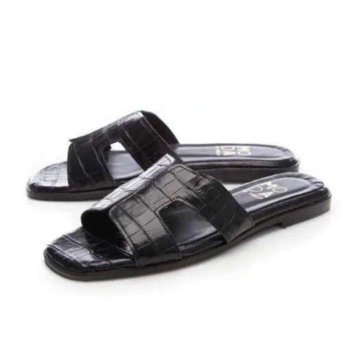 Orphia Black Croc Women Moda In Pelle Flat Sandals Orphia Black Croc Women Moda In Pelle Flat Sandals