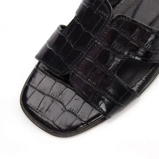 Orphia Black Croc Women Moda In Pelle Flat Sandals Orphia Black Croc Women Moda In Pelle Flat Sandals