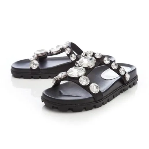 Ozwell Black Satin Women Moda In Pelle Flat Sandals