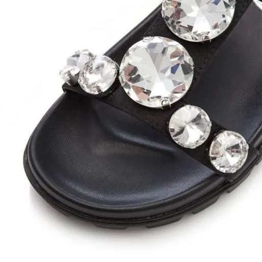 Ozwell Black Satin Women Moda In Pelle Flat Sandals
