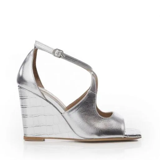Pandorra Silver Metallic Women Moda In Pelle Wedge Sandals