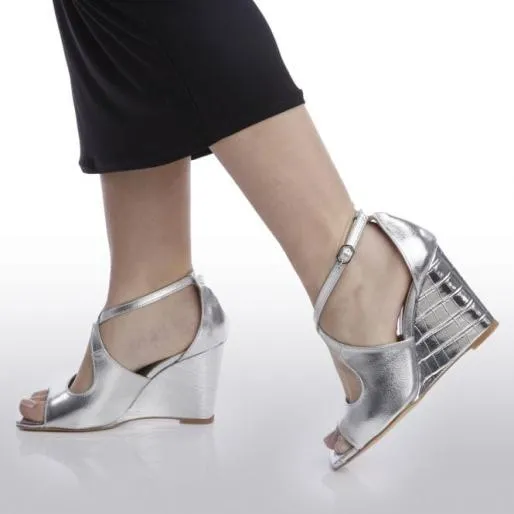 Pandorra Silver Metallic Women Moda In Pelle Wedge Sandals Pandorra Silver Metallic Women Moda In Pelle Wedge Sandals