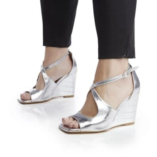 Pandorra Silver Metallic Women Moda In Pelle Wedge Sandals Pandorra Silver Metallic Women Moda In Pelle Wedge Sandals
