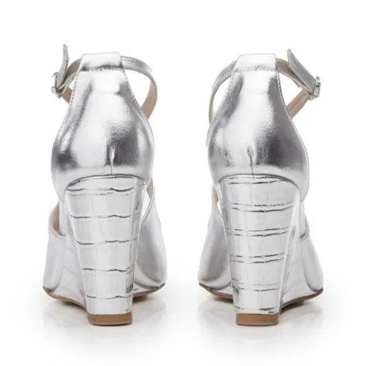 Pandorra Silver Metallic Women Moda In Pelle Wedge Sandals Pandorra Silver Metallic Women Moda In Pelle Wedge Sandals