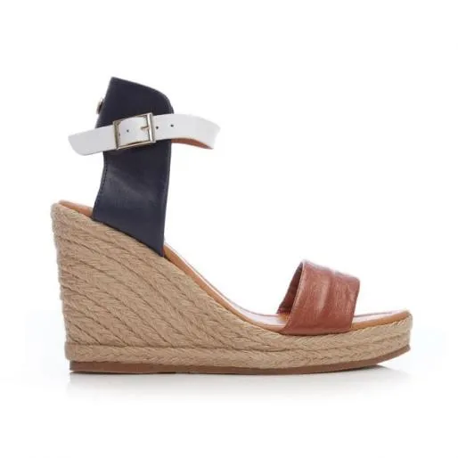 Peloma NavyTan Leather Women Moda In Pelle Wedge Sandals