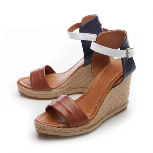 Peloma NavyTan Leather Women Moda In Pelle Wedge Sandals Peloma NavyTan Leather Women Moda In Pelle Wedge Sandals