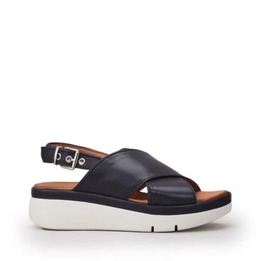 Piami Navy Leather Women Moda In Pelle Wedge Sandals