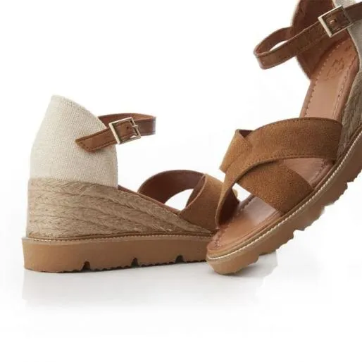 Priyaa Tan Suede Women Moda In Pelle Wedge Sandals