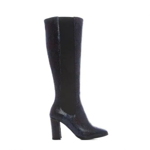 Sammantha Navy Snake Print Women Moda In Pelle Knee High Boots