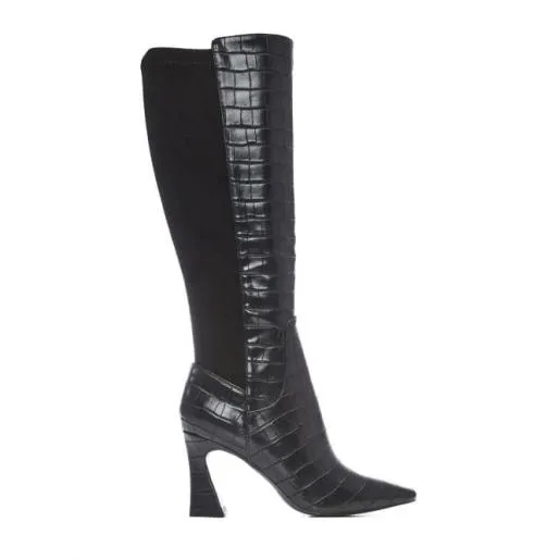Sarisa Black Patent Mocc Croc Women Moda In Pelle Knee High Boots