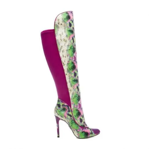 Savi Purple Snake Print Leather Women Moda In Pelle Knee High Boots