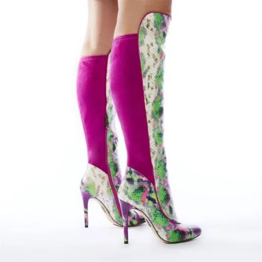 Savi Purple Snake Print Leather Women Moda In Pelle Knee High Boots