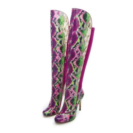 Savi Purple Snake Print Leather Women Moda In Pelle Knee High Boots