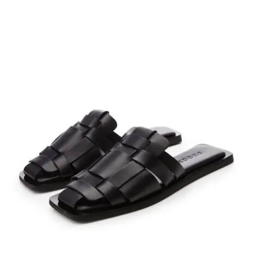 Sh Akari Black Leather Women Moda In Pelle Flat Sandals Sh Akari Black Leather Women Moda In Pelle Flat Sandals