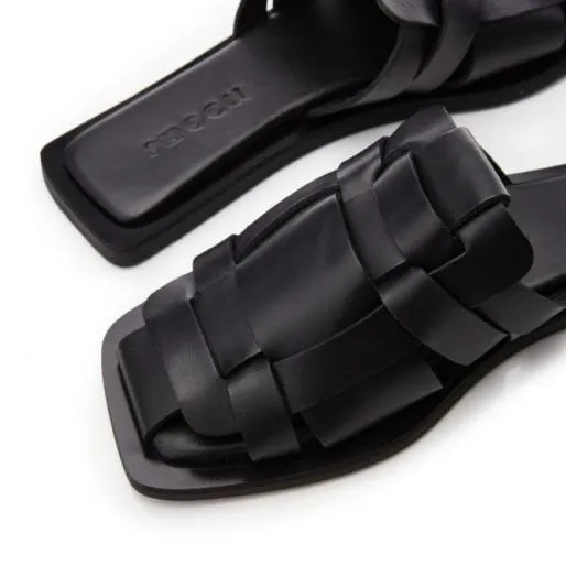 Sh Akari Black Leather Women Moda In Pelle Flat Sandals Sh Akari Black Leather Women Moda In Pelle Flat Sandals